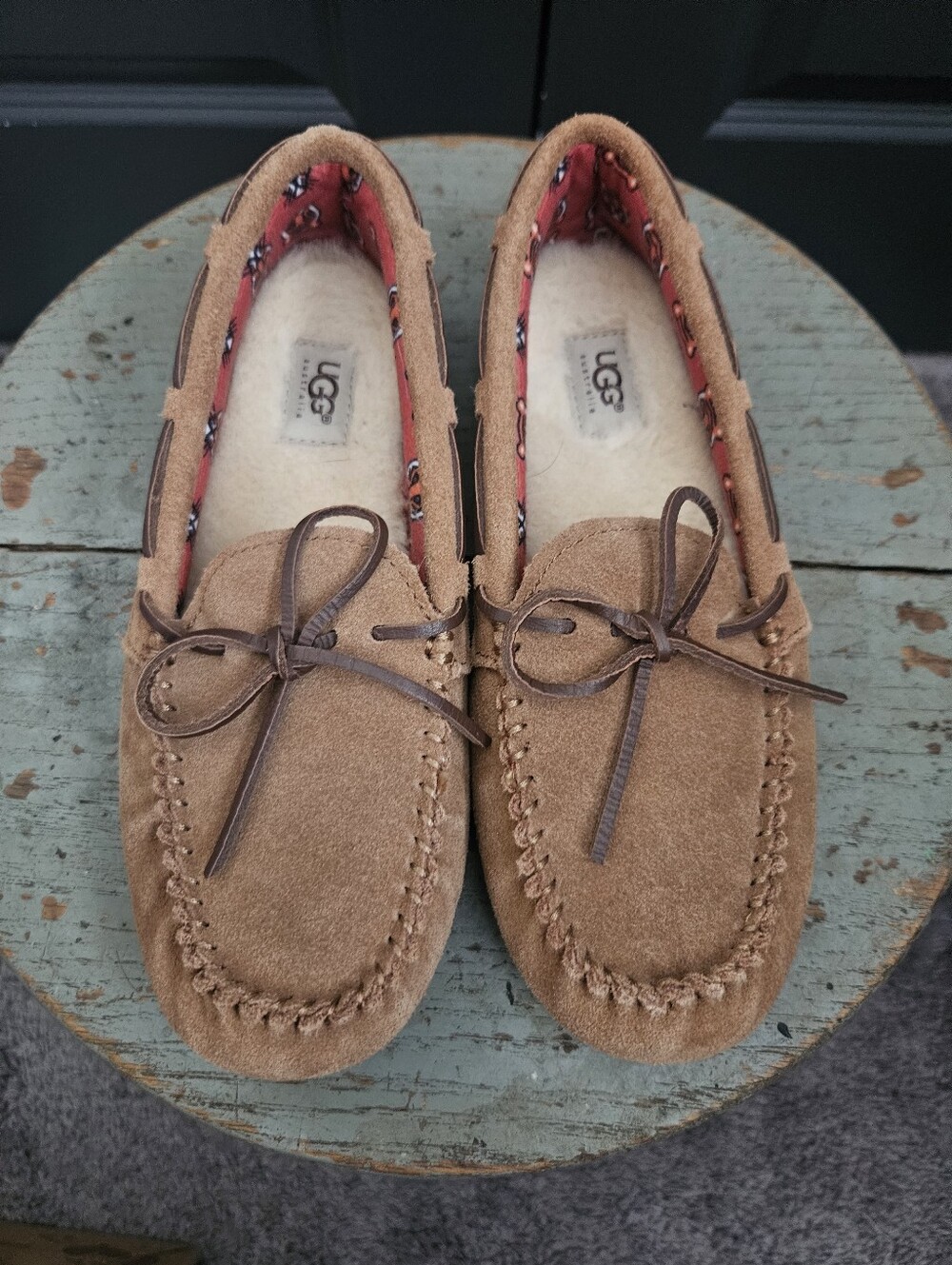 UGG Kids Ryder Jungle Moccasin Slippers Sz 3 Brown Sherpa Lined Soft Suede
